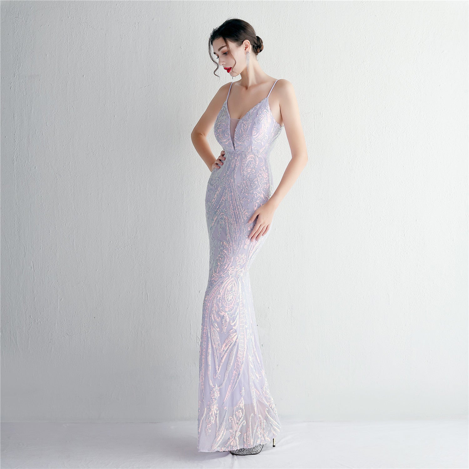 REVCHIC LUXE Elegant V-Neck 3D Floral Sequin Maxi Gown