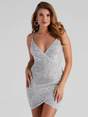 Women Sexy Deep V Plunge Sequin Party Dress