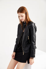 Women Graceful Stand Collar Faux Leather Jacket