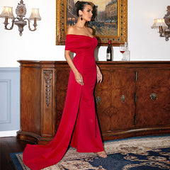 Elegant Red Satin Off Shoulder Evening Dress