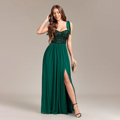 Elegant Backless Sequined Chiffon High Slit Party Evening Dress