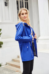 Women Hooded Striped Raincoat Mid Length Trench Coat