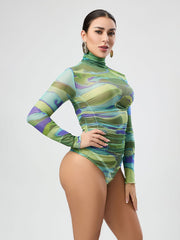 Long Sleeve Turtleneck See Through Printed Bodysuit