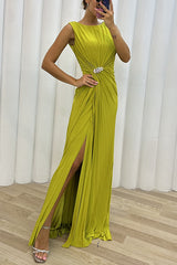 Women Pleated Split Sleeveless Evening Dress