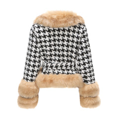 Women Plaid Detachable Short Fur Collar Houndstooth Coat