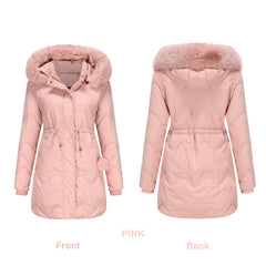 Women Detachable Hat Wool Warm Parka Mid Length Coat