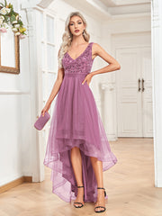 Women Chiffon Double V Neck A Line Sequin Evening Dress