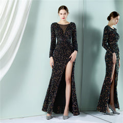 Elegant Long Sleeve Sequined Fishtail Evening Dress