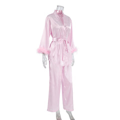 Autumn Pink Artificial Silk Feather Pajamas Two Piece Sets