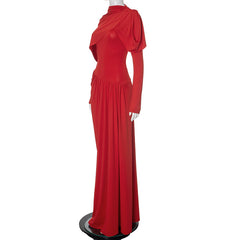 Women Solid Color Pleated Slim Formal Dress