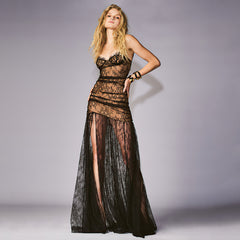 Black Pleated Floral Lace Spaghetti Straps Formal Dress