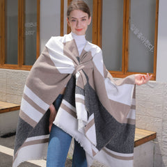 Simple Jacquard Warm Cloak Tassel Side Strap Shawl Cape