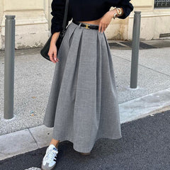 Retro Solid Color High Waist Pleated Long Skirt