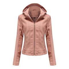 Women's Detachable Hat Hooded Fleece-Lined Leather Jacket