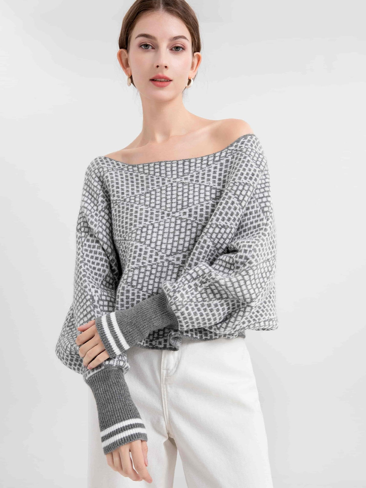 Off Shoulder Long Sleeve Plaid Sweater