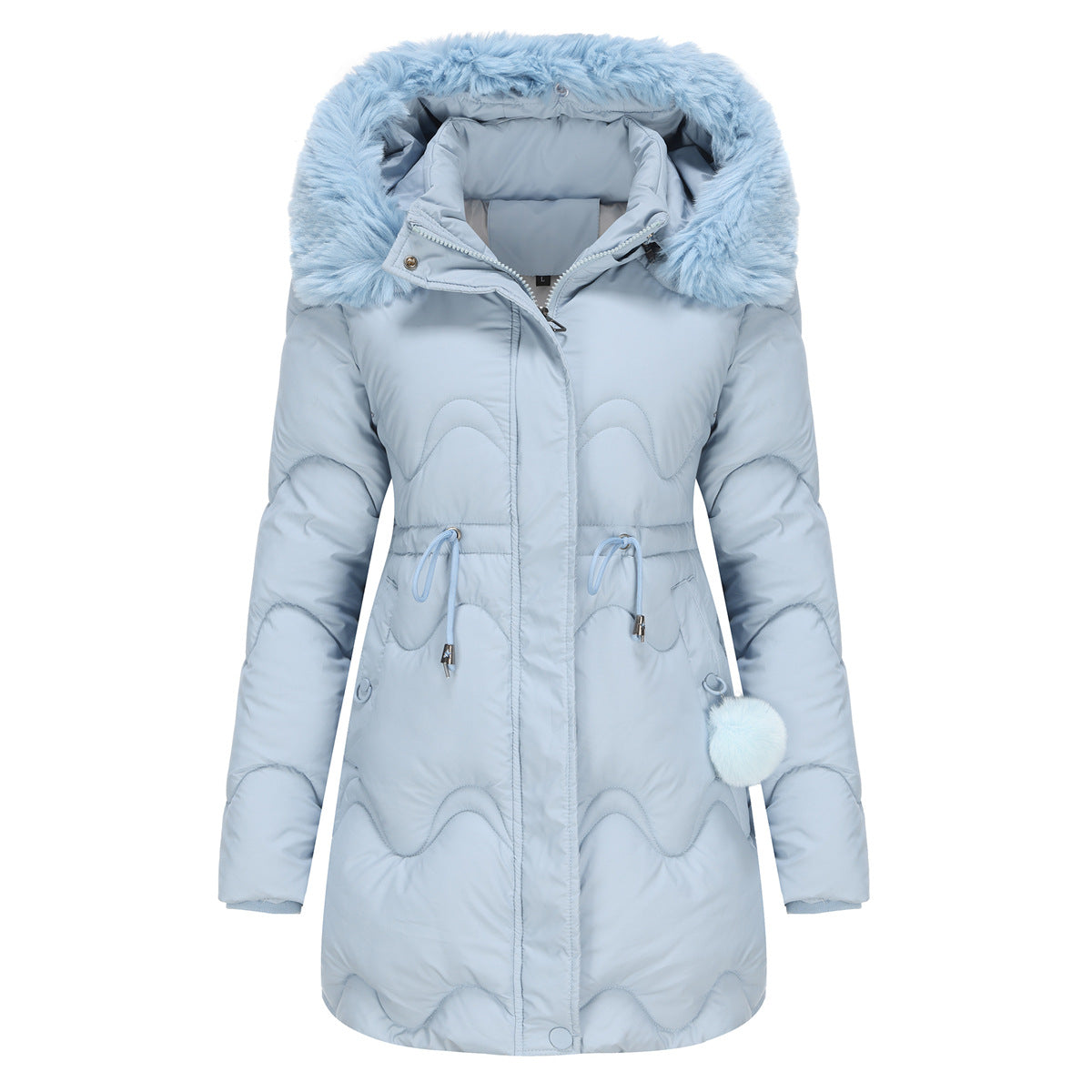 Women Detachable Hat Wool Warm Parka Mid Length Coat