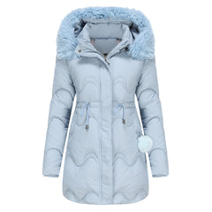 Women Detachable Hat Wool Warm Parka Mid Length Coat