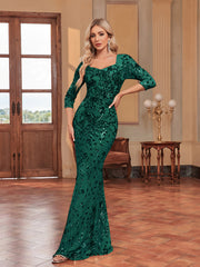 3/4 Sleeve Sequin Slim Fishtail Cocktail Evening Dress