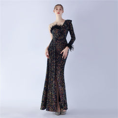 Elegant Feather Ruffled Side Slit Sequined Evening Dress