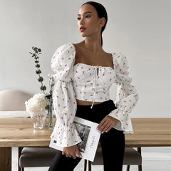 French Square Collar Bubble Long Sleeve Knotted Short Floral Top