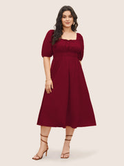 Plus Size Red French Retro Square Collar Puff Sleeve Dress