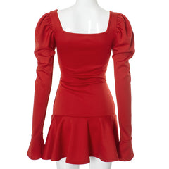 Women Square Collar Puff Sleeve Short Dress