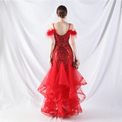 Elegant Ostrich Feather Mesh Floral Sequin Formal Dress