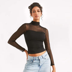 Women Turtleneck Mesh Long Sleeve See through Short Top