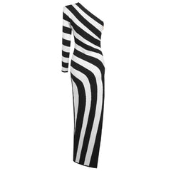 Black White Striped High Slit One Shoulder Day Dress