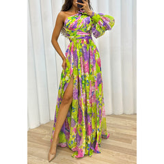 Loose Multi Color One Shoulder Split Formal Dress