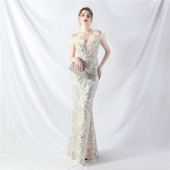 Elegant Boning Corset Ostrich Feather Sequined Evening Dress