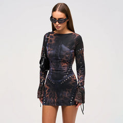 Women Printing Slim Fit Long Sleeve Short Party Dress