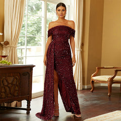 Off Shoulder Long Sequined Evening Dress