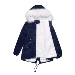 Women Cotton Padded White Fur Collar Hooded Velvet Coat