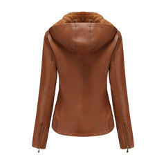 Women's Detachable Hat Hooded Fleece-Lined Leather Jacket