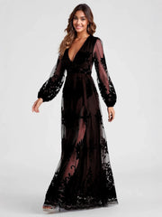 Sexy High Split Long Sleeves Lace Evening Dress