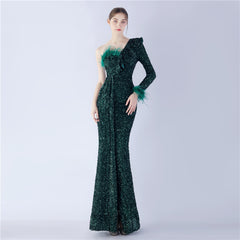 Elegant Feather Ruffled Side Slit Sequined Evening Dress