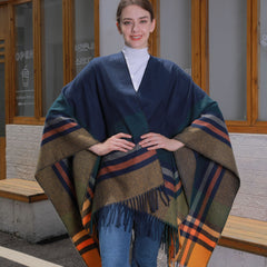 Color Striped Strap Jacquard Warm Tassel Shawl