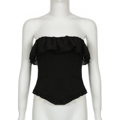 Black Ruffled Stitching Off Neck Tube Top