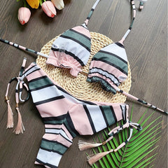 Printed Split Sexy Braid Rope Triangle Swimsuit