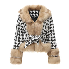 Women Plaid Detachable Short Fur Collar Houndstooth Coat