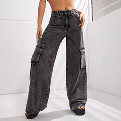 Women High Waist Large Pocket Denim Jeans