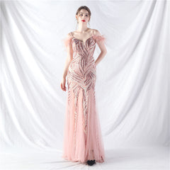 Craft Order Ostrich Hair Sequin Stitching Mesh High End Evening Dress