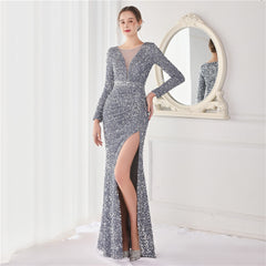 Elegant Long Sleeve Sequined Fishtail Evening Dress