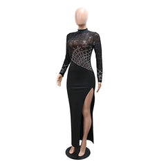 High Collar Long Sleeve Rhinestone High Slit Party Dress