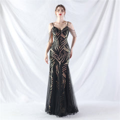 Elegant Sequin Mesh Beaded Evening Dress