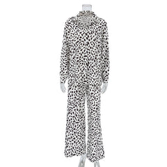 Leopard Print Loose Ice Silk Long Sleeve Pajamas Two Piece Set