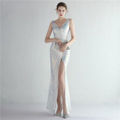 Elegant V-Neck Split Long Sequined Evening Dress