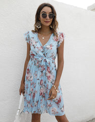 V neck Waist Lace up Printing Vacation Dress