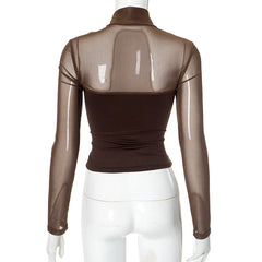 Women Turtleneck Mesh Long Sleeve See through Short Top